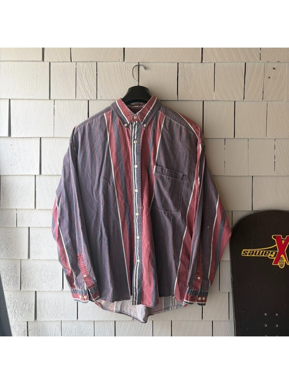 Vintage Striped Button Down Shirt Mens Large Maroon Multi-Colored Faded 90s